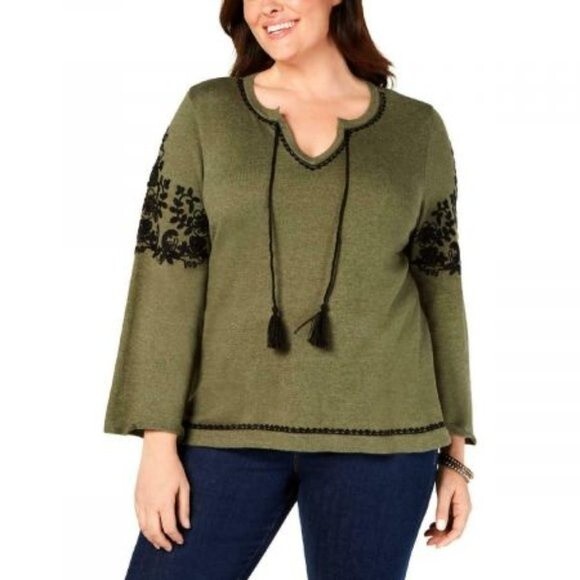 STYLE & CO Small Green Embroidered Sweater Tassel Tie V-Neck Bell Sleeves - Picture 1 of 7